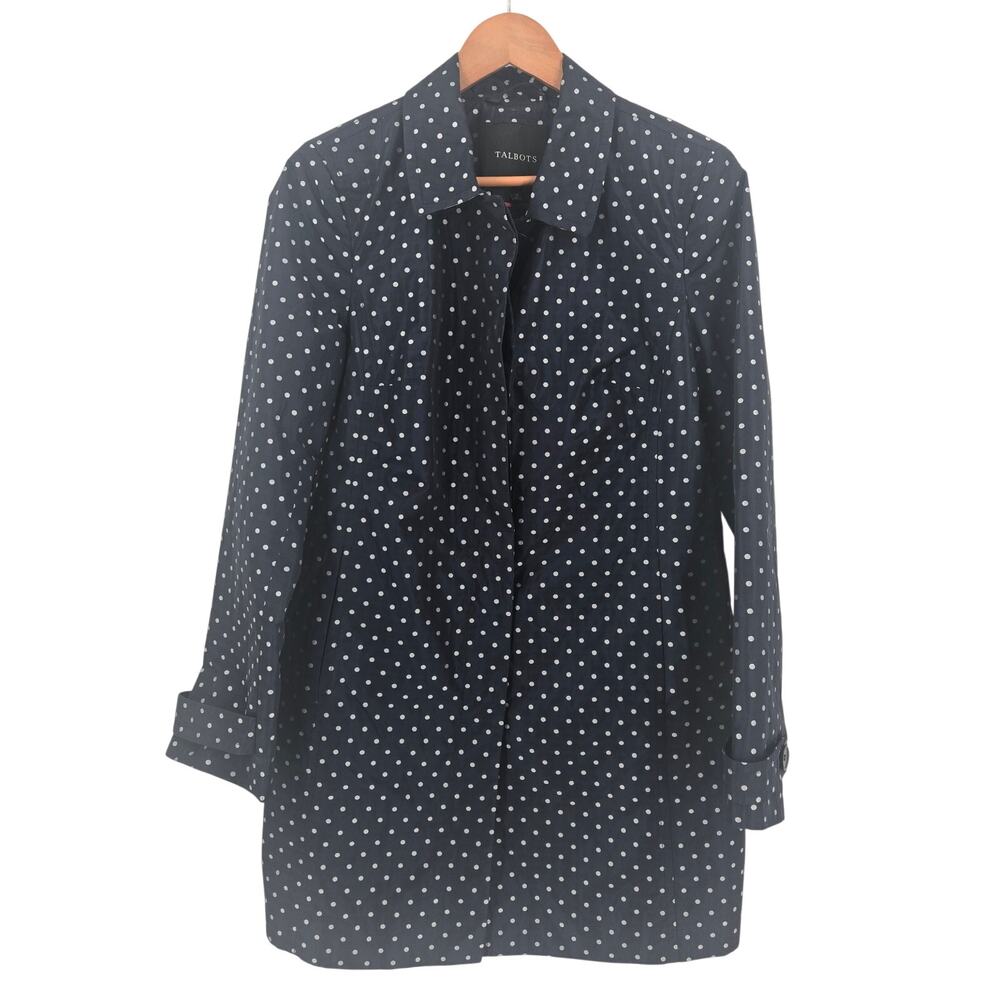 Talbots trench coat navy blue white polka dot size 12